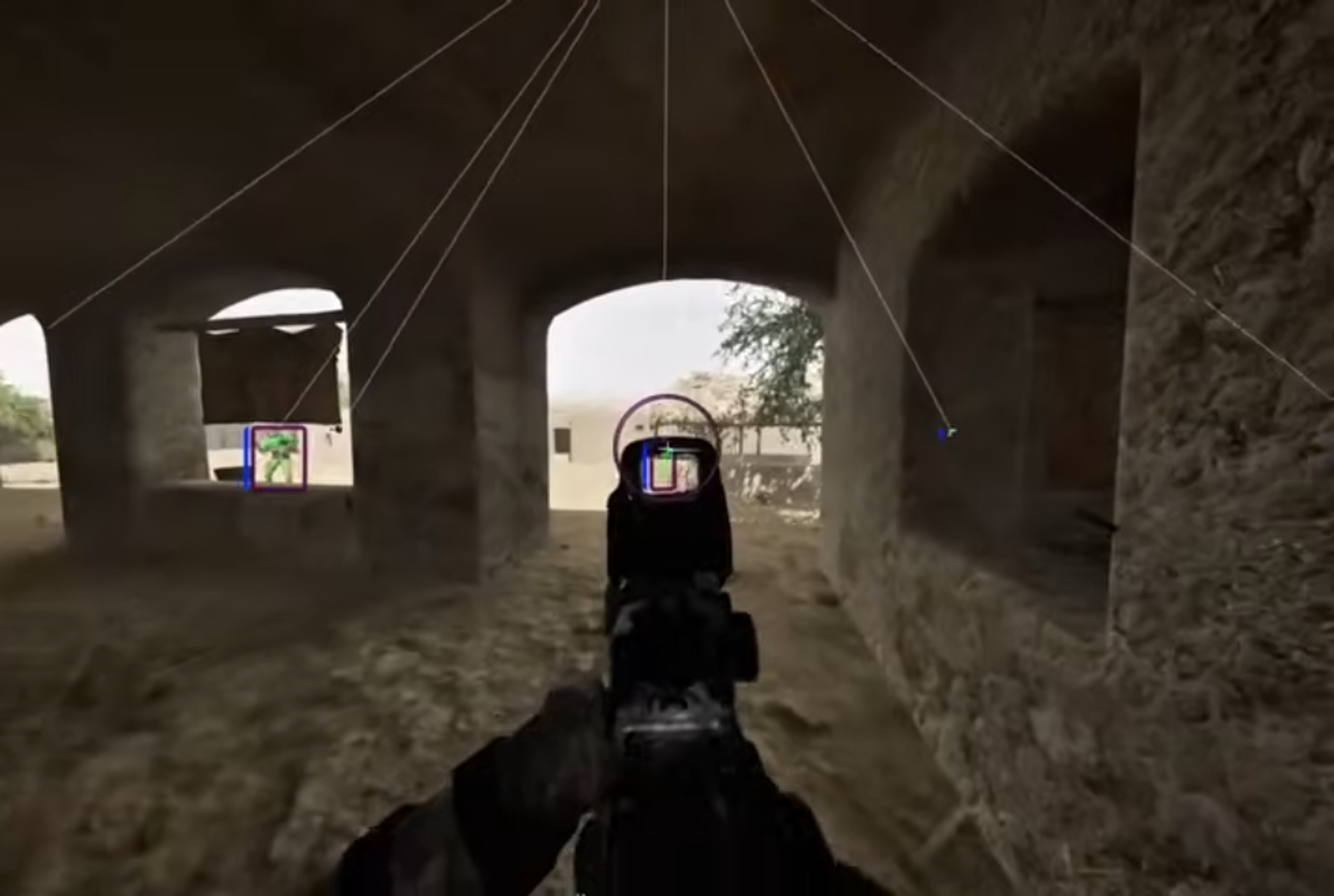 Squad wallhack with red and blue player boxes, green chams and snaplines through archway PC