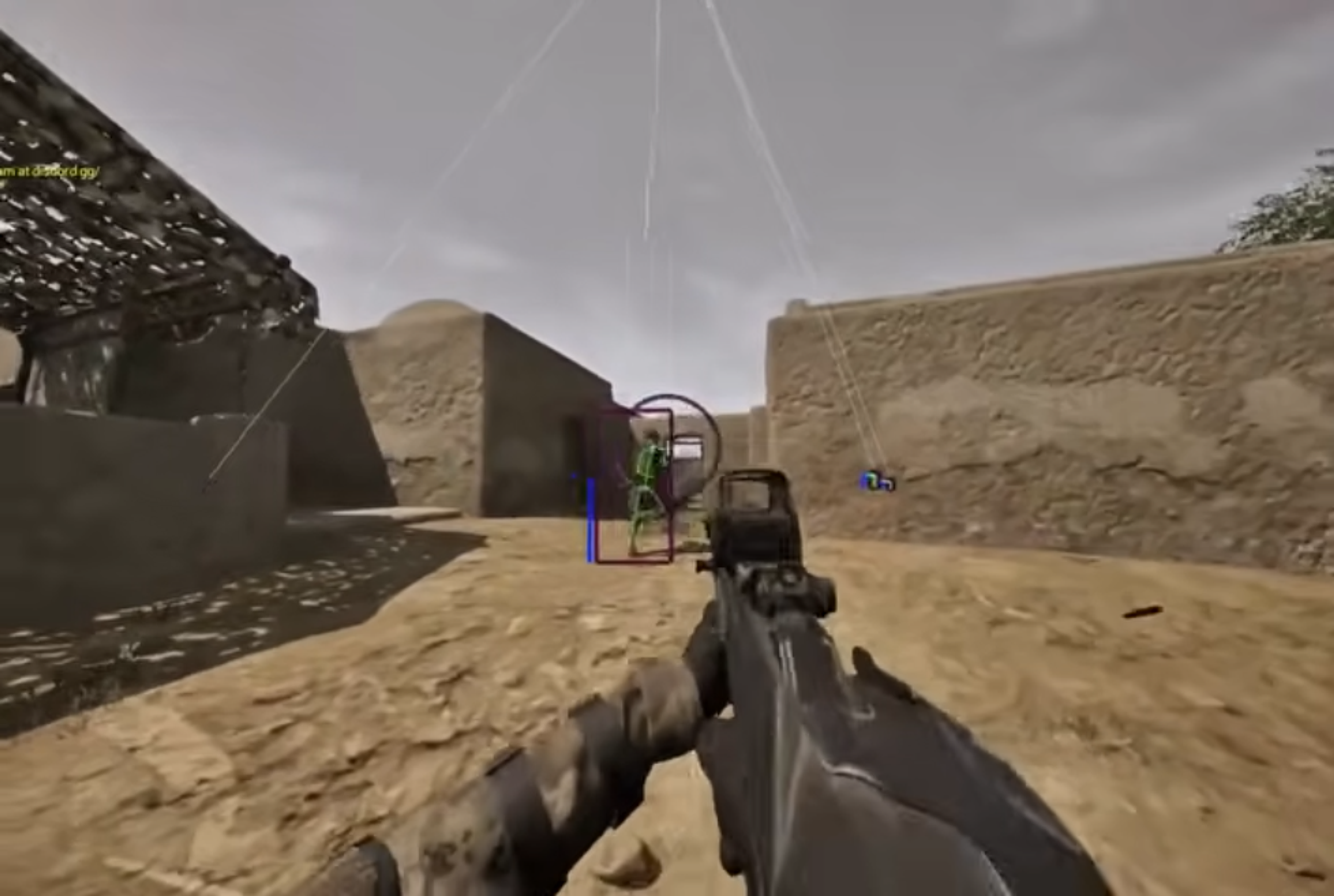 Squad skeleton ESP red box and aimbot FOV circle with snaplines in desert town PC