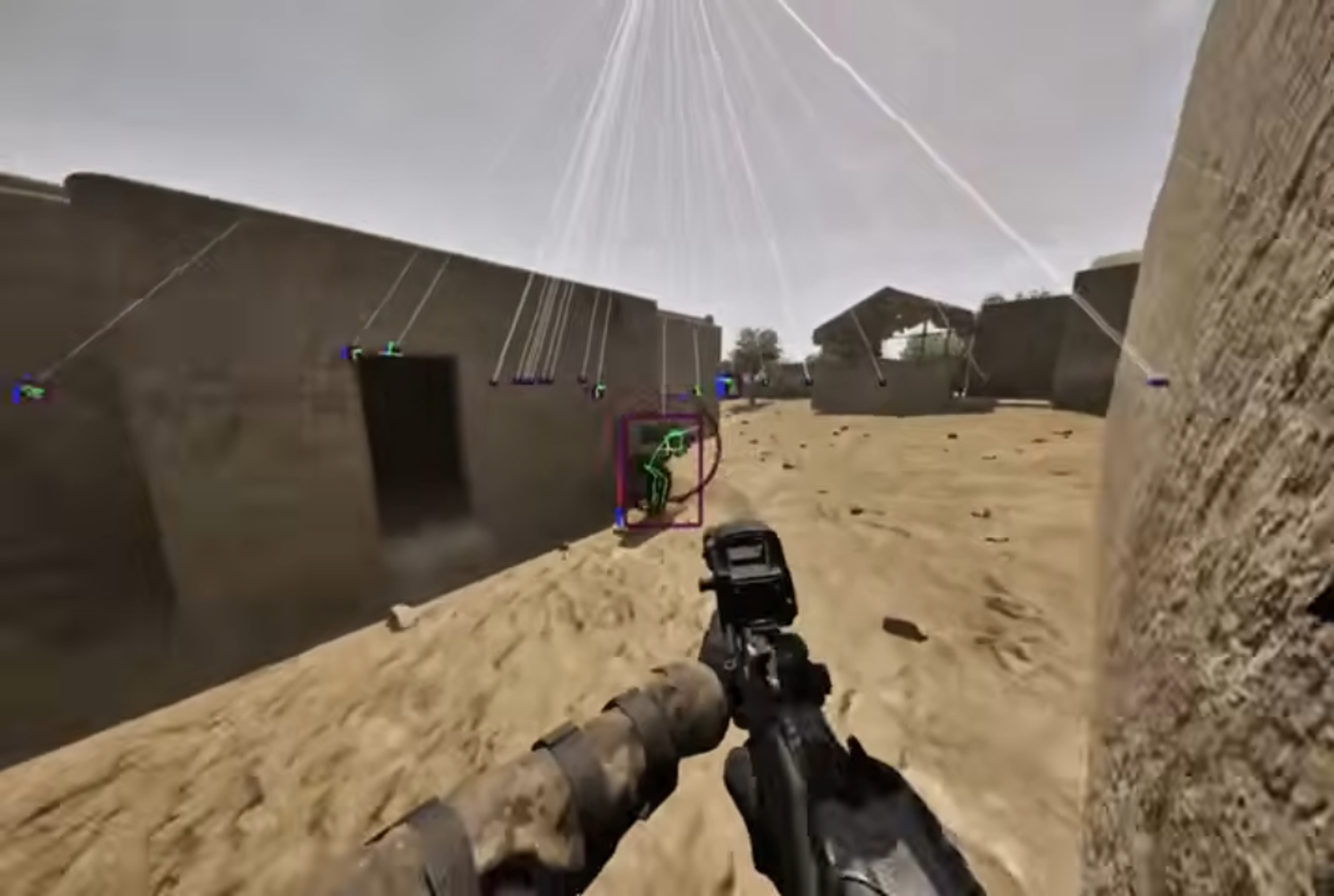 Squad ESP snaplines purple box skeleton and distant player icons on desert map PC
